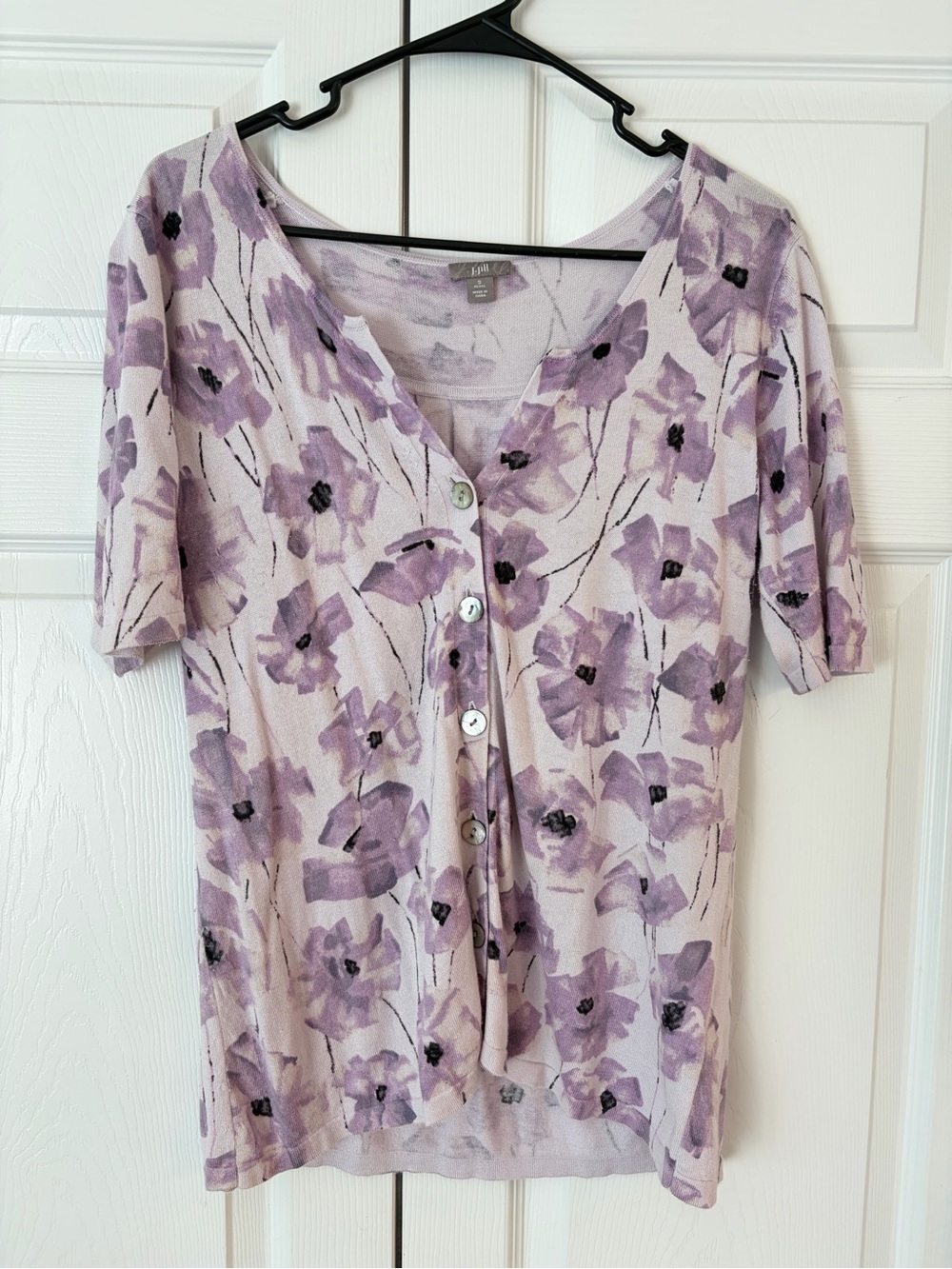 NWOT J.Jill Lavender Purple Flower Print Button Up Silk Tunic Blouse Size PS